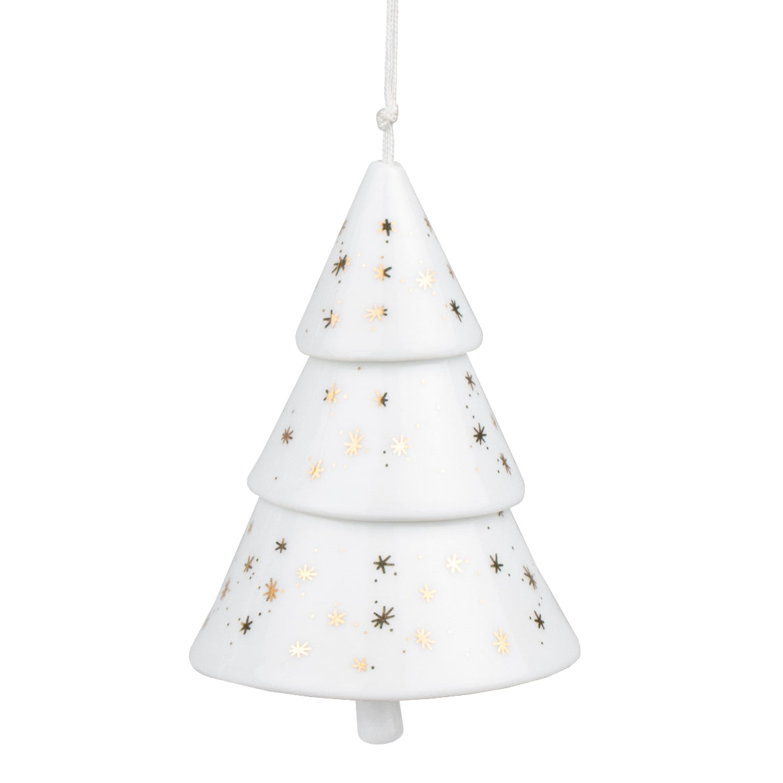 Porcelain Fir Tree Bell Ornament – White Christmas Tree Ornament with Gold Stars & Hanging Bell