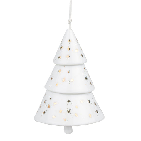 Porcelain Fir Tree Bell Ornament – White Christmas Tree Ornament with Gold Stars & Hanging Bell