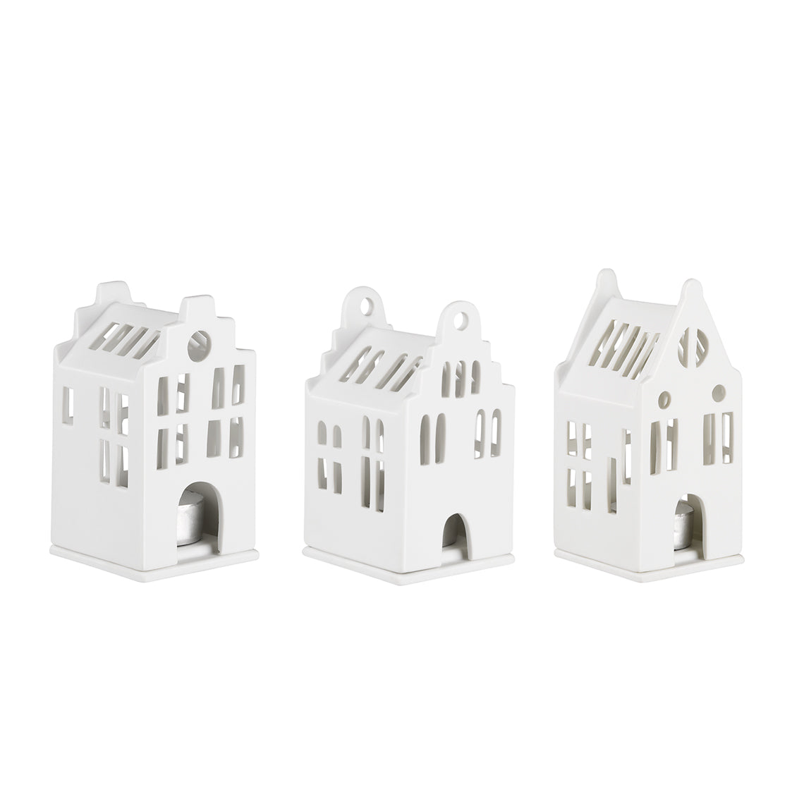 Porcelain Holiday Village House Tealight Holder Set - Stepped Gable Roof Architecture - 3 Pieces  