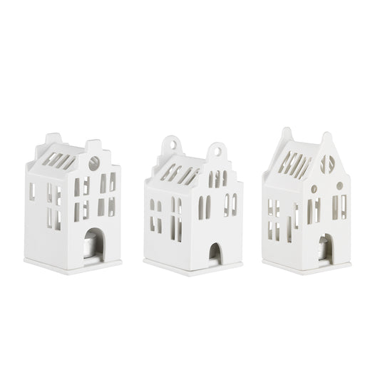 Porcelain Holiday Village House Tealight Holder Set - Stepped Gable Roof Architecture - 3 Pieces  