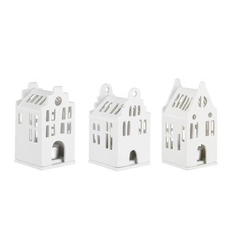 Porcelain Holiday Village House Tealight Holder Set - Stepped Gable Roof Architecture - 3 Pieces  