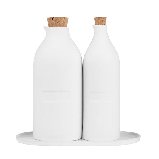 Porcelain Oil and Vinegar Set with Tray and Write On Labels for Kitchen or Dining Table