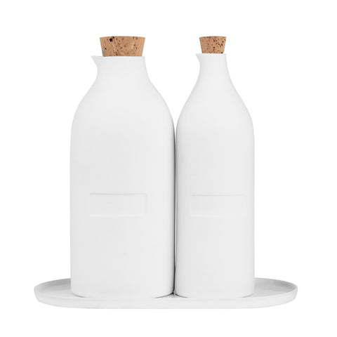 Porcelain Oil and Vinegar Set with Tray and Write On Labels for Kitchen or Dining Table