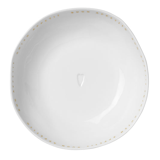 Porcelain Organic Shape Bowl with Gold Bon Appetit Lettering  - Cereal Bowl, Soup Bowl with Embossed Heart