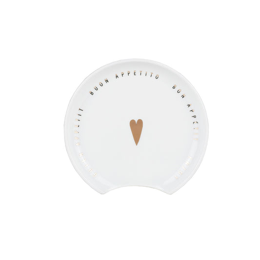 Porcelain Spoon Rest with Bon Appetit Lettering and Gold Heart Accent
