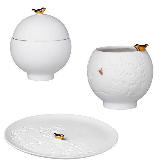 Porcelain Stories Flock of Birds Decorative Set of Canister, Tealight Holder and Plate - White and Gold