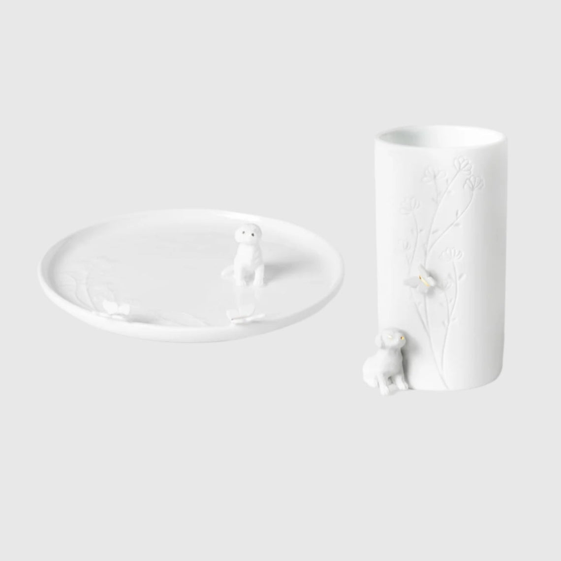 Porcelain Stories Sculptural Flower Vase and Decorative Plate with Puppy Dog Design - Set of 2
