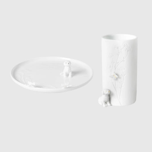 Porcelain Stories Sculptural Flower Vase and Decorative Plate with Puppy Dog Design - Set of 2