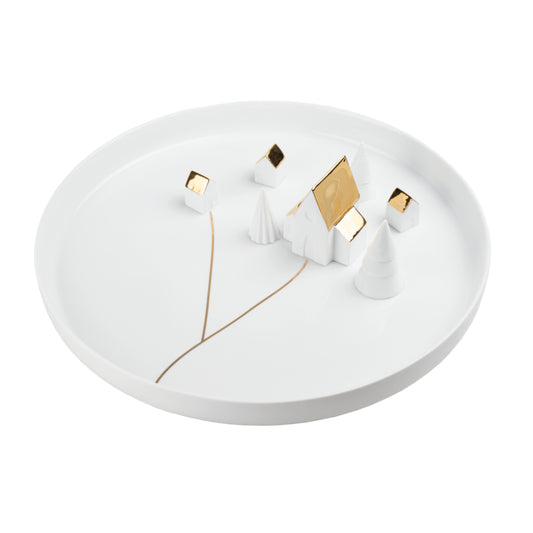 Porcelain Stories White Porcelain Decorative Holiday Serving Dish with Christmas Village 