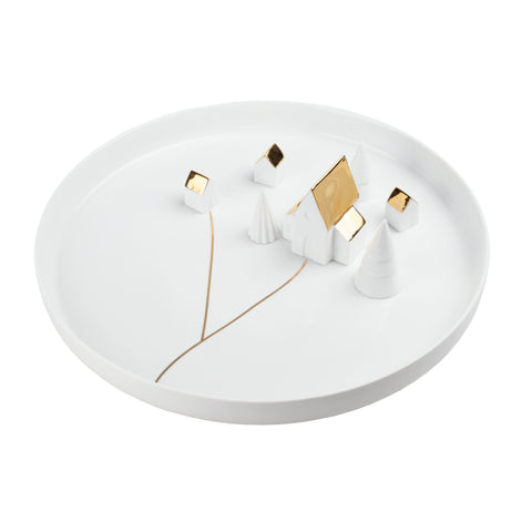 Porcelain Stories White Porcelain Decorative Holiday Serving Dish with Christmas Village 