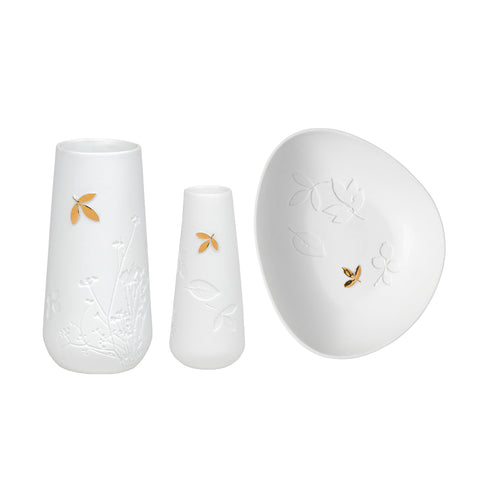 Porcelain Stories White Porcelain Vase Set with Gold Leaf Accent - Handcrafted