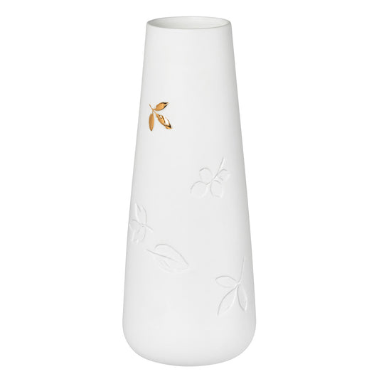Porcelain Stories White Porcelain Vase with Gold Leaf Accent - Handcrafted Decorative Flower Vase