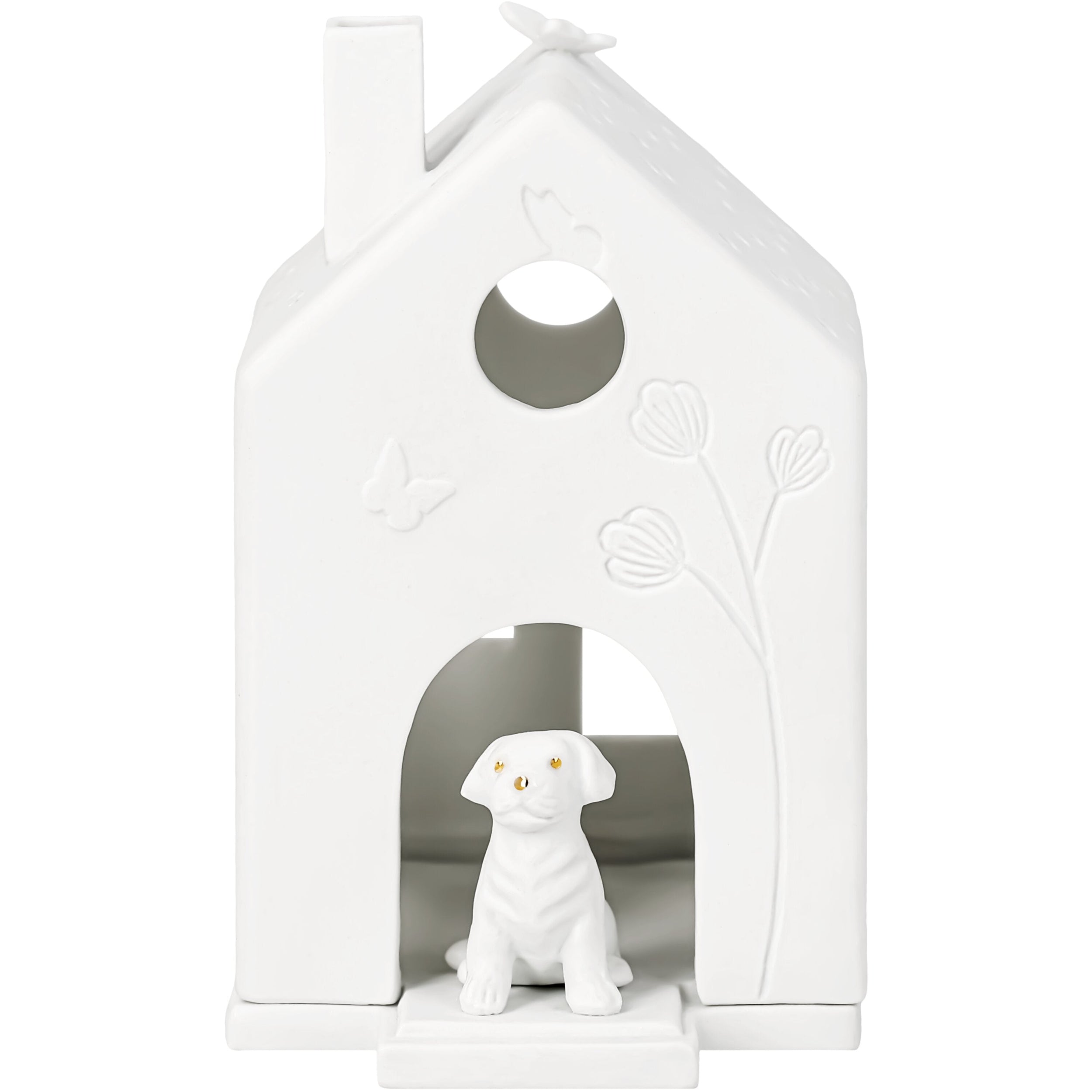 Porcelain Village House Tealight Holder with Puppy Dog and Butterfly - Handcrafted
