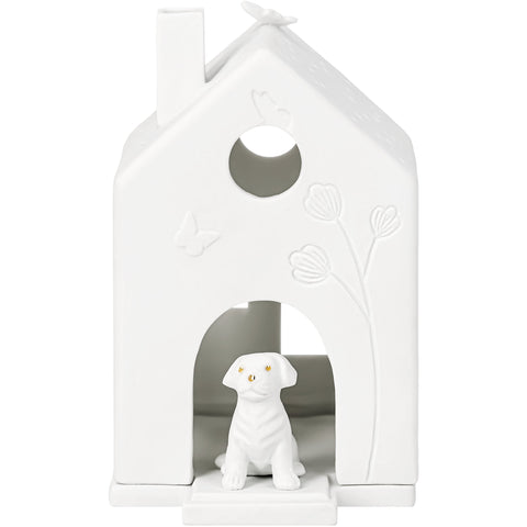 Porcelain Village House Tealight Holder with Puppy Dog and Butterfly - Handcrafted