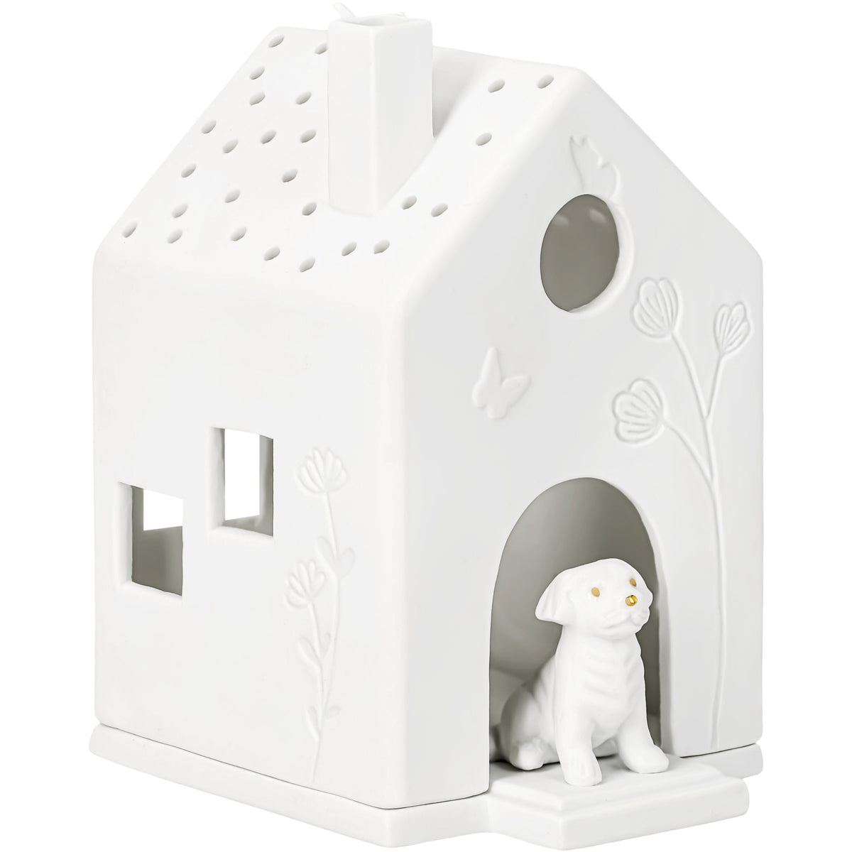Porcelain Village House Tealight Holder with Puppy Dog and Butterfly - Handcrafted