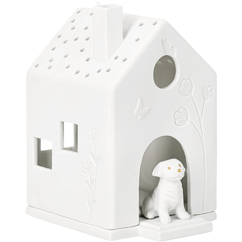 Porcelain Village House Tealight Holder with Puppy Dog and Butterfly - Handcrafted