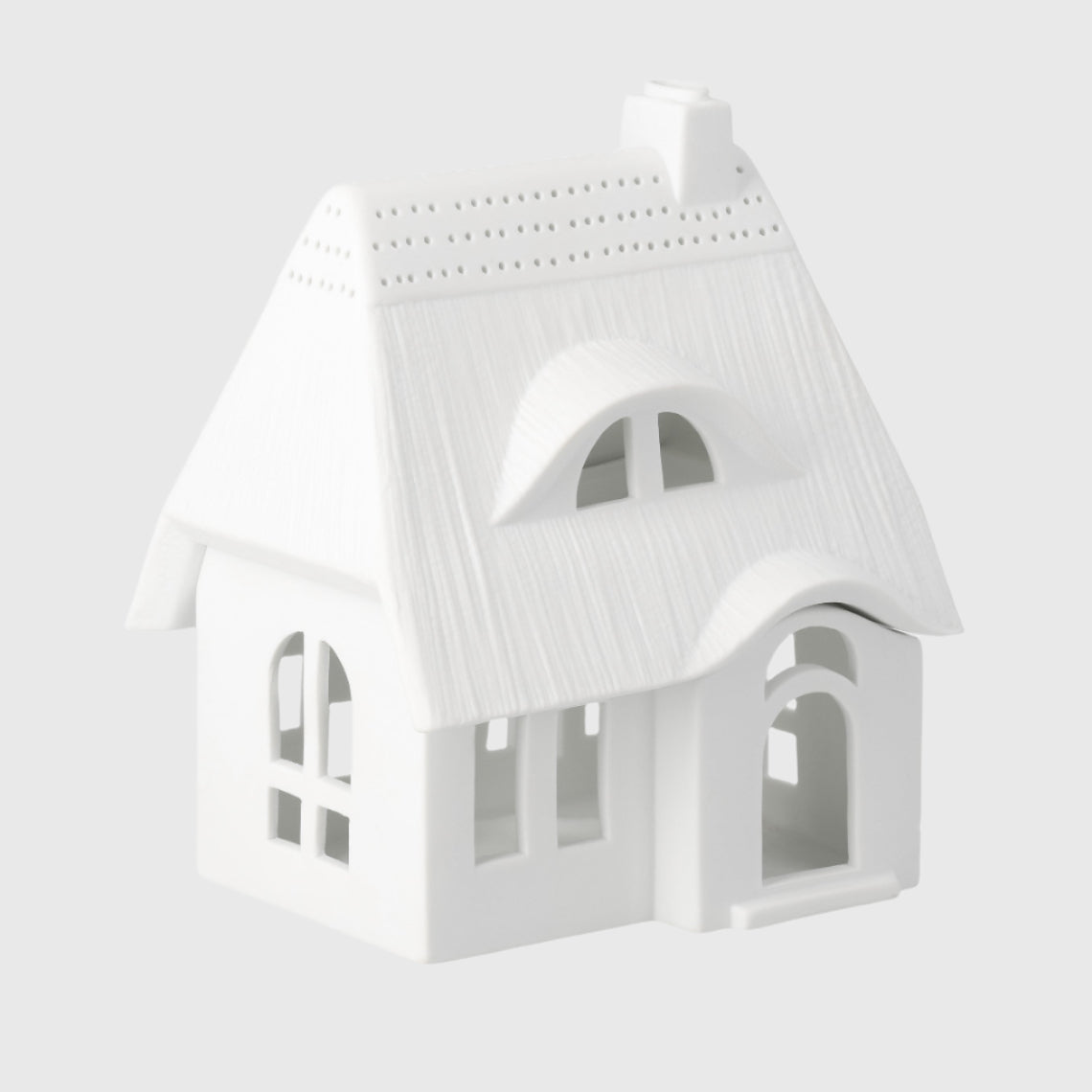 Porcelain Village House Tealight Holder with Thatched Roof and Arched Dormer