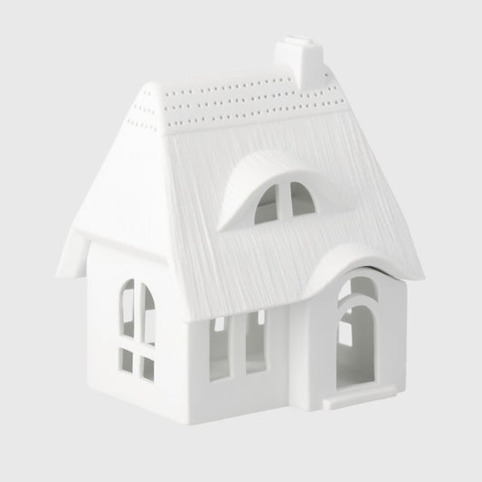 Porcelain Village House Tealight Holder with Thatched Roof and Arched Dormer