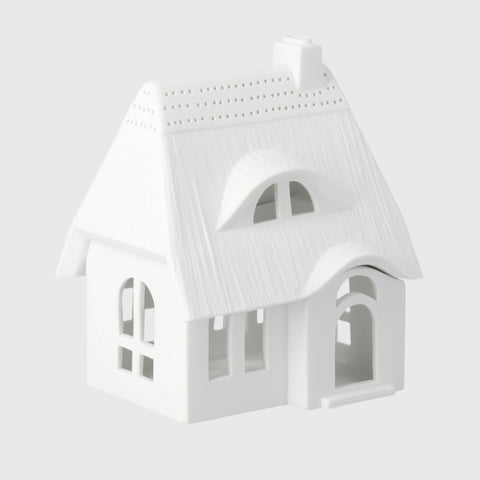 Porcelain Village House Tealight Holder with Thatched Roof and Arched Dormer