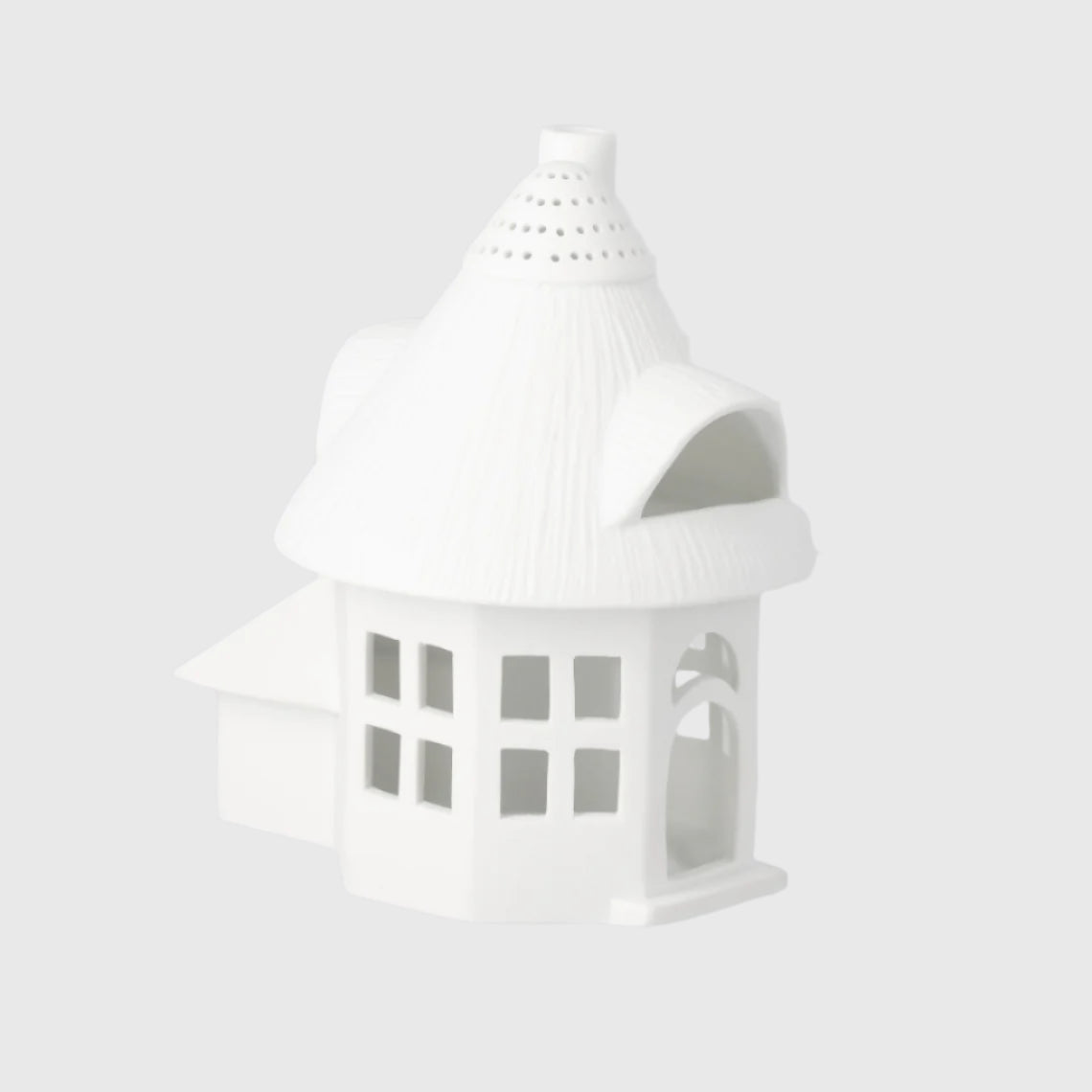 Porcelain Village House Tower Tealight Holder with Thatched Roof