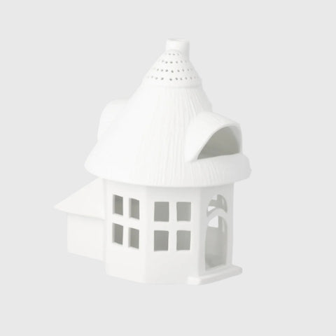 Porcelain Village House Tower Tealight Holder with Thatched Roof