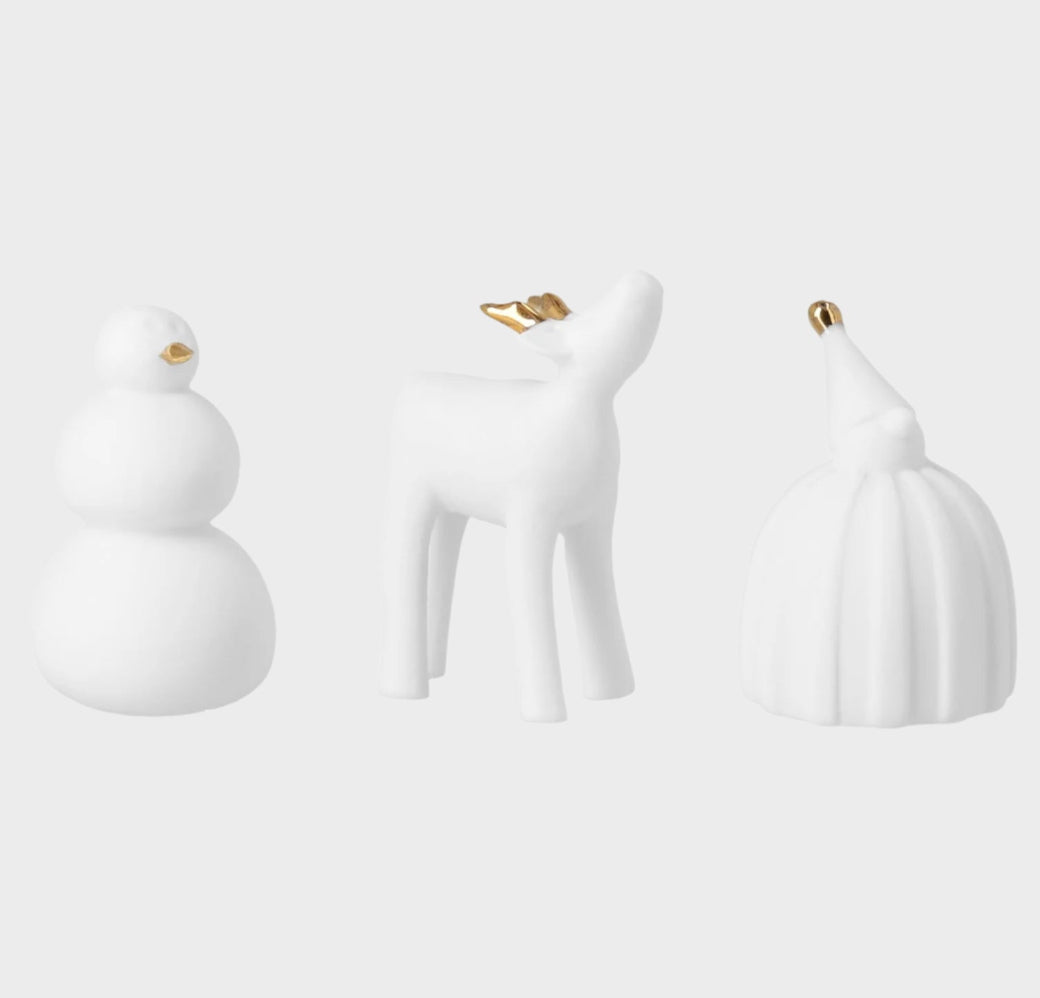 Porcelain Whimsical Holiday Figurines Set of 3 with Gold Accents