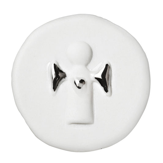 R12619 White porcelain charm with angel and silver accents on a white background