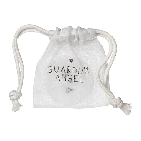 White drawstring pouch with 'GUARDIAN ANGEL' text on a white background