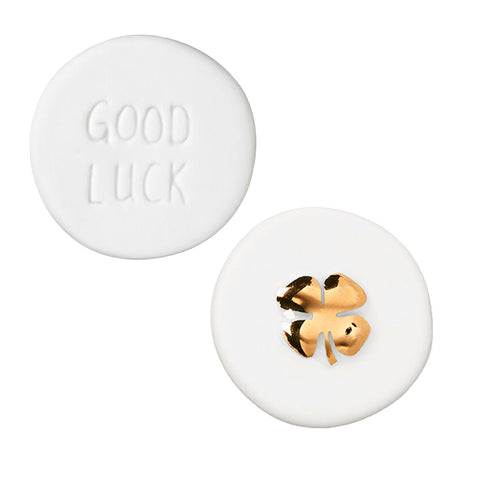 R13671 Good Luck Porcelain Charm showing both sides of charm.