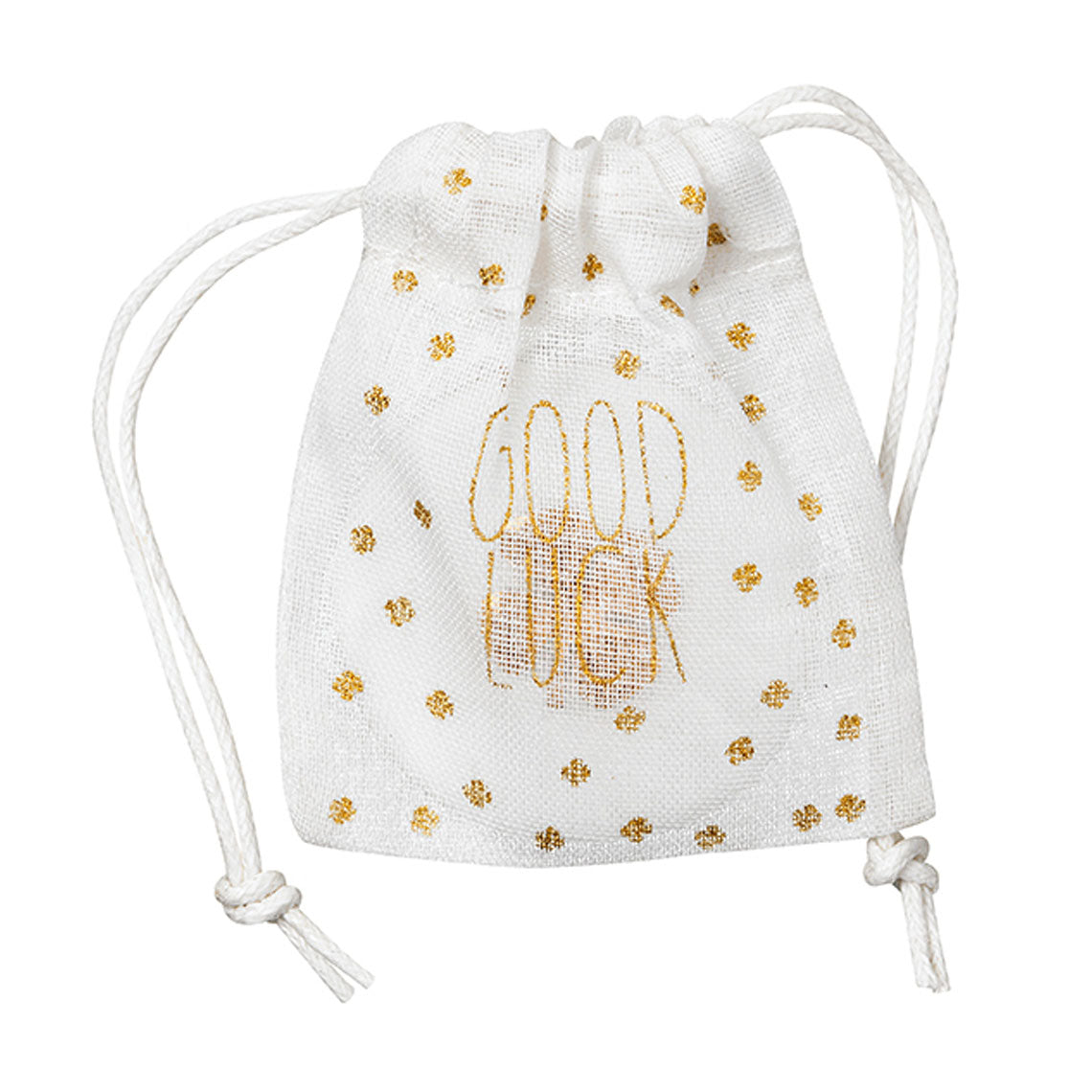 White drawstring bag with gold 'Good Luck' text and patterns on a white background