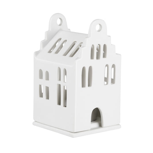 Porcelain Holiday Village House Tealight Holder - Small House with Stepped Gable Roof - Handmade
