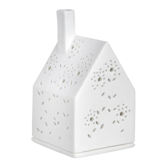 Scandinavian Village House Tealight Holder with Flower Design - White Porcelain - Minimalist