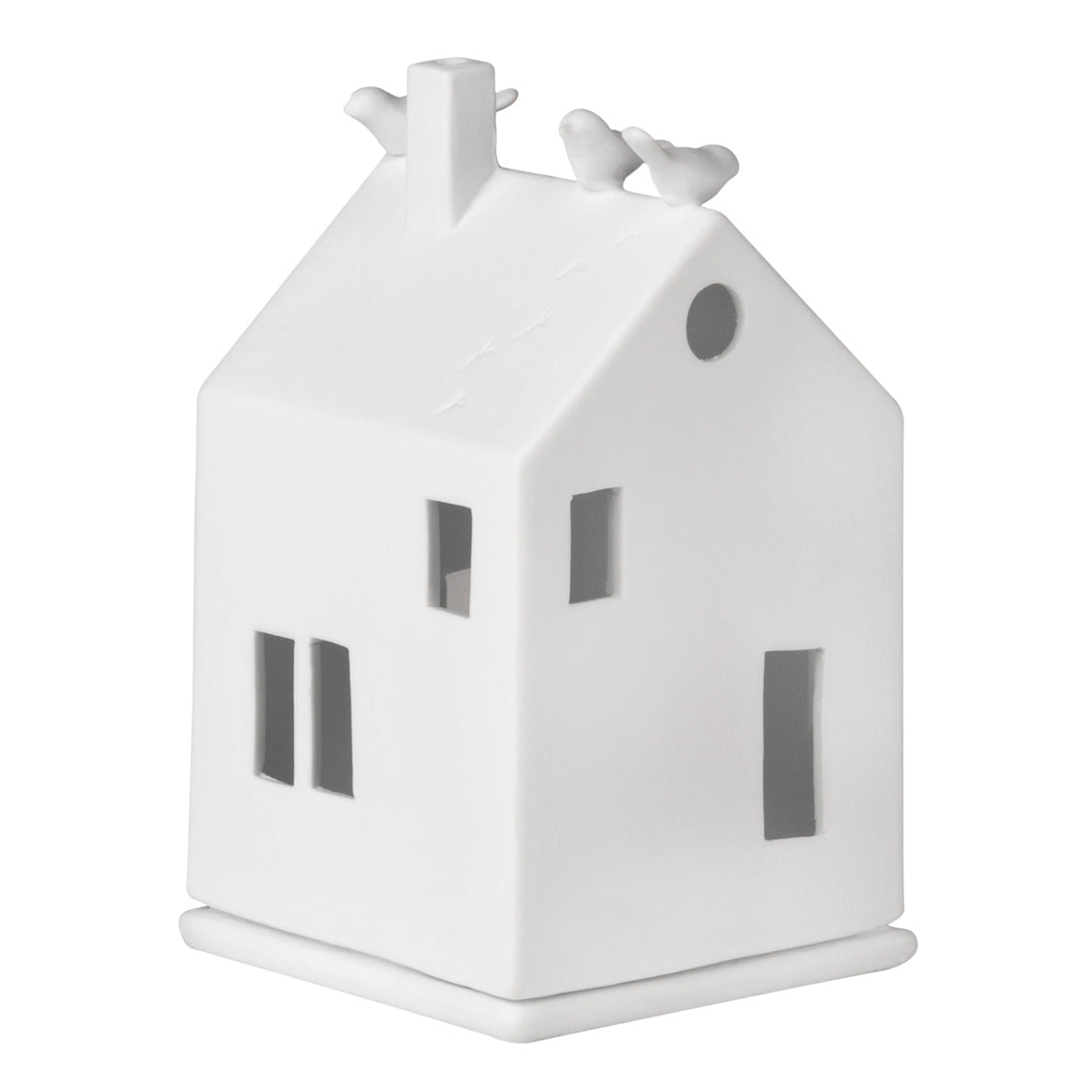 Nordic White Porcelain Village House Tealight Holder with Bird Accents - Handcrafted
