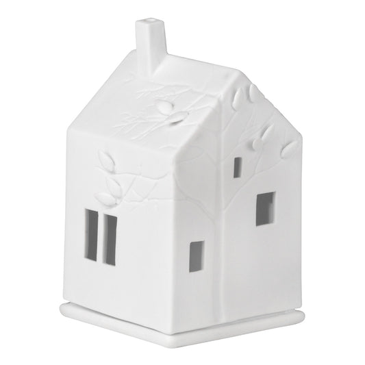Scandinavian Village House Tealight Holder with Tree Design - White Porcelain - Handmade