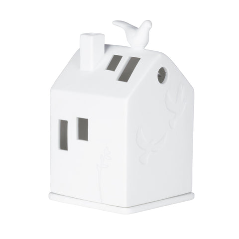 Nordic White Porcelain Village House Tealight Holder with Dove of Peace Accent - Handcrafted