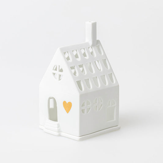 Porcelain Village House Tealight Holder - Home is Where The Heart Is - White with Gold Accents