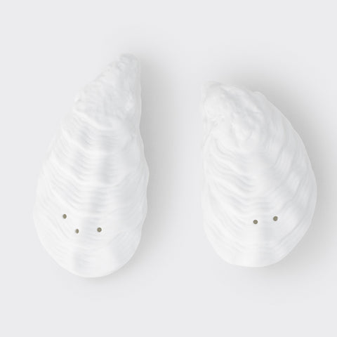Porcelain Coastal Oyster Salt and Pepper Shaker Set on white background