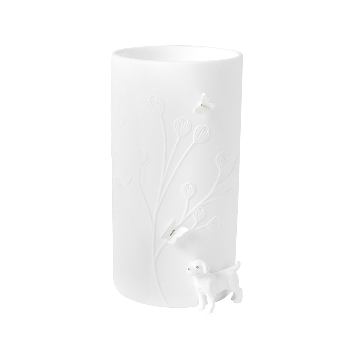 R17617 White porcelain vase with butterfly and puppy design on a white background