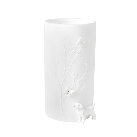 R17617 White porcelain vase with butterfly and puppy design on a white background