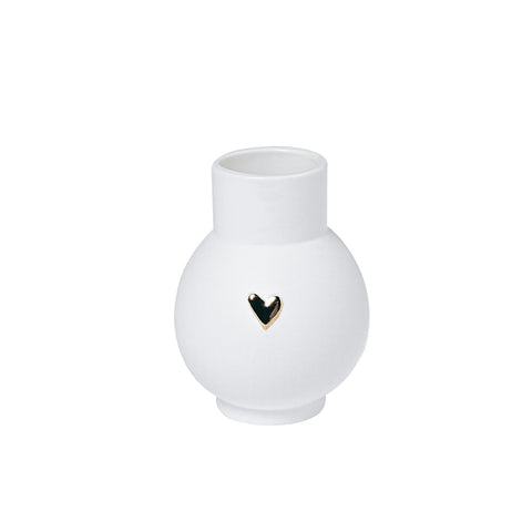 R17714 White porcelain vase with a gold heart design on a white background
