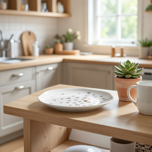 Kitchen counter with a plate, mug, and potted plant in a bright kitchen.