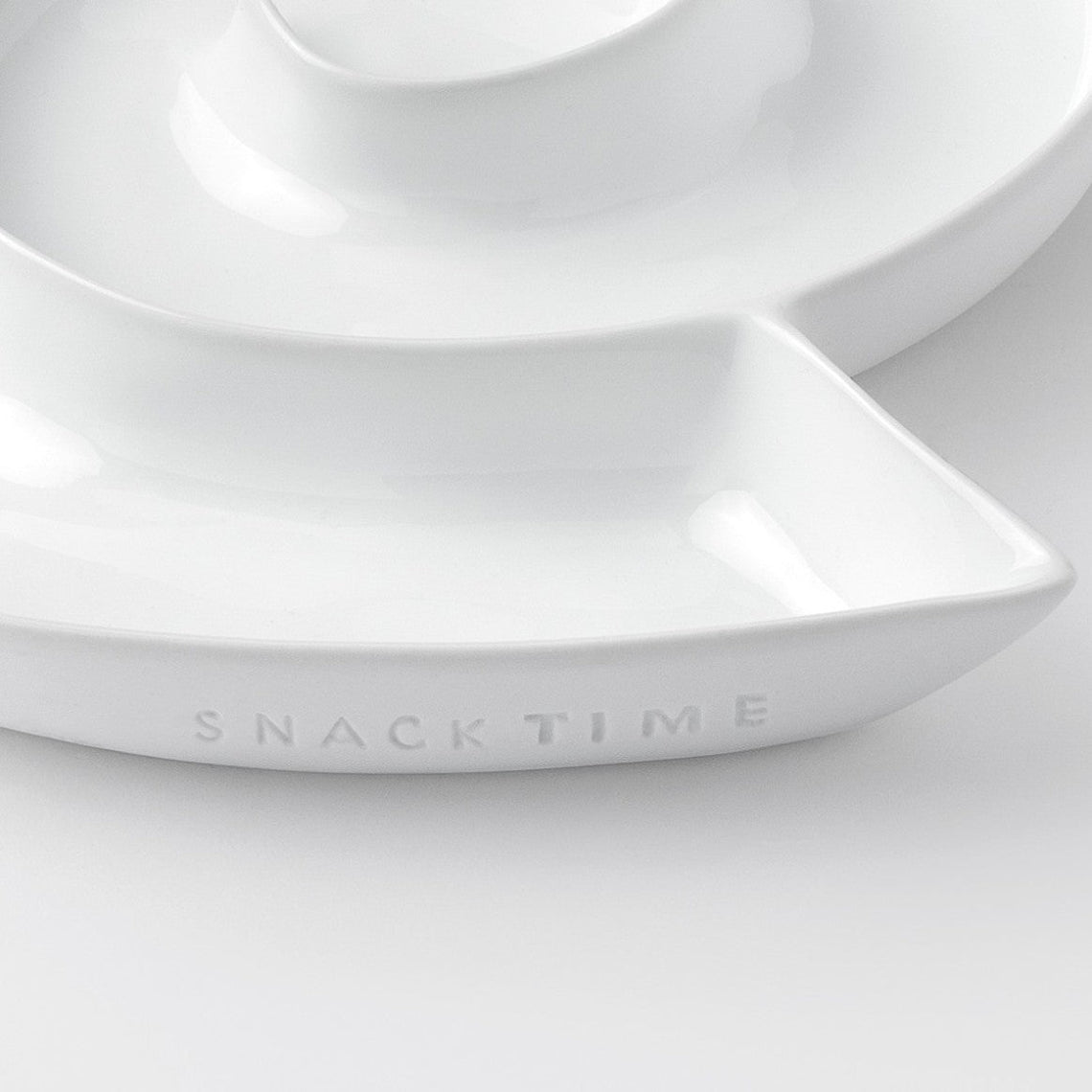 White porcelain snack tray with 'SNACK TIME' text embossed