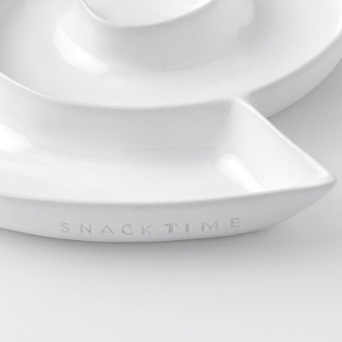 White porcelain snack tray with 'SNACK TIME' text embossed