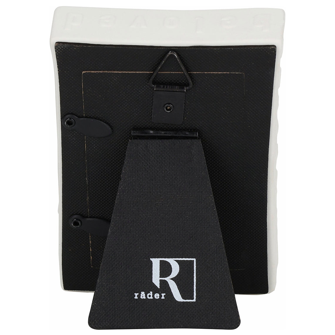 Back side of picture frame showing stand and hook.