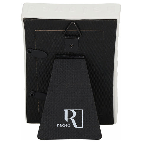 Back side of picture frame showing stand and hook.