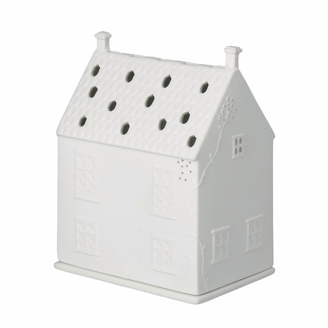 White porcelain house-shaped candle holder on a white background