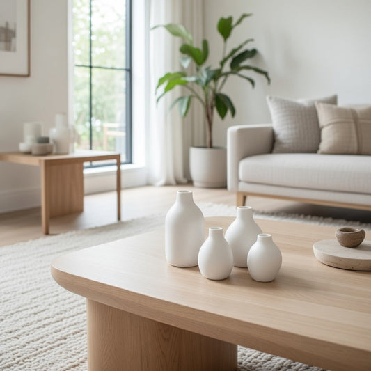 Living room with a wooden coffee table featuring white vases and a plant in the background.