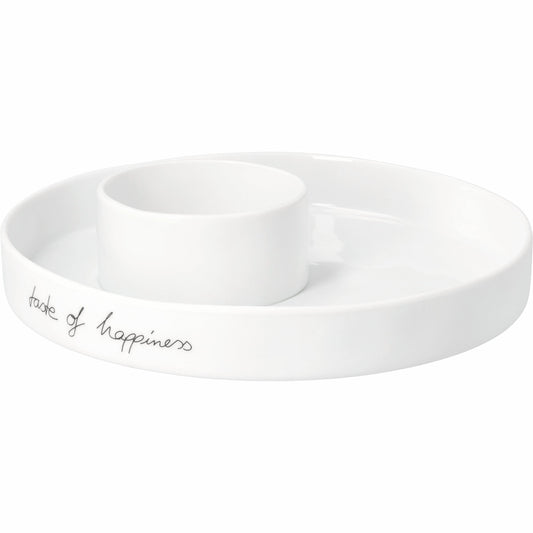 R12893 White porcelain dish with 'taste of happiness' text on a white background