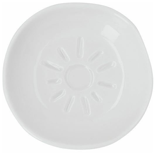 R18370 White porcelain bowl with embossed sun on a white background