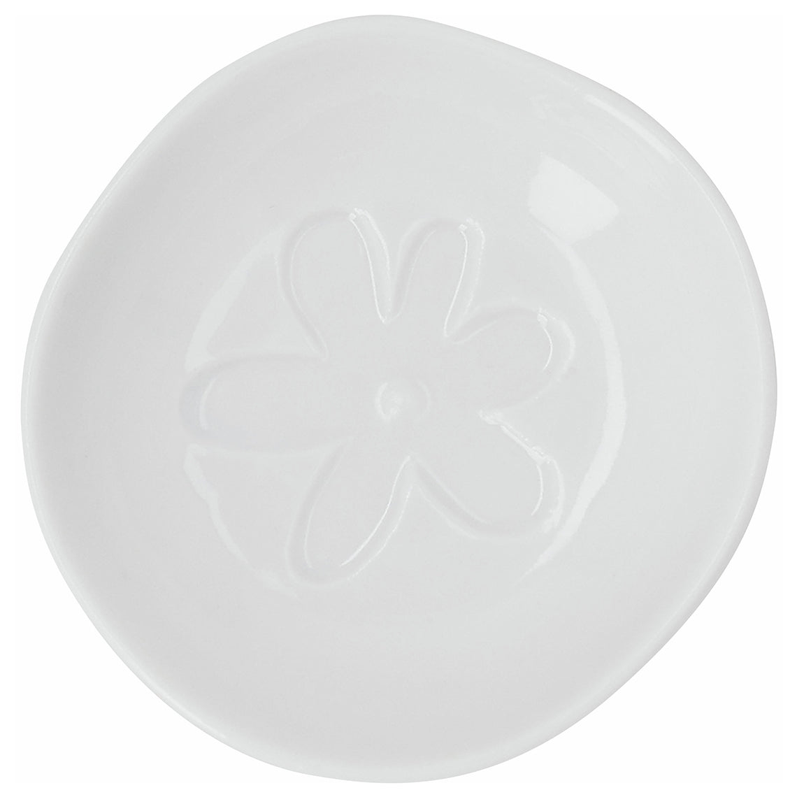 R18731 White porcelain bowl with embossed flower design on a white background